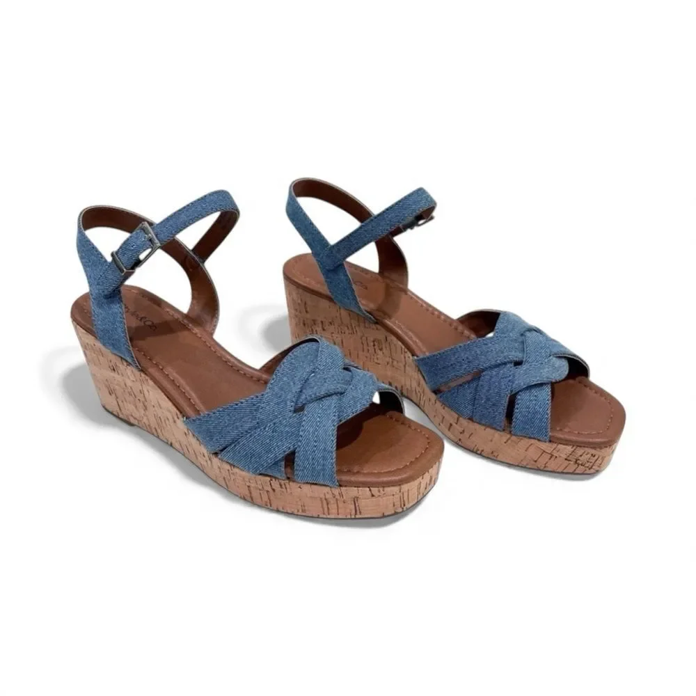 Style & Co Cerres Espadrille Wedge Sandals Denim Cork Buckle Strap Blue 9.5 NEW
